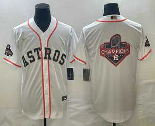 Mens Houston Astros Big Logo 2023 White Gold World Serise Champions Patch Cool Base Stitched Jersey